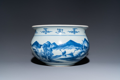 A Chinese blue and white 'mountainous landscape' censer, Kangxi