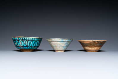 A collection of three turquoise-glazed bowls and two dishes, Middle-East, a.o. Kubachi, 13th C. and later