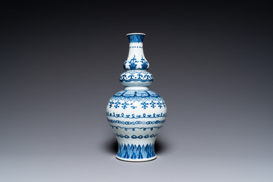 A Chinese blue and white triple gourd vase, Jiajing mark, Qing