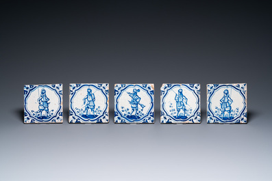 Fourteen Dutch Delft blue and white tiles with mostly Spanish soldiers after Jacob de Gheyn II, 17th C.