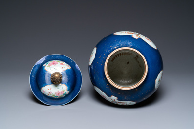 A Chinese famille rose blue-ground vase and cover, Qianlong