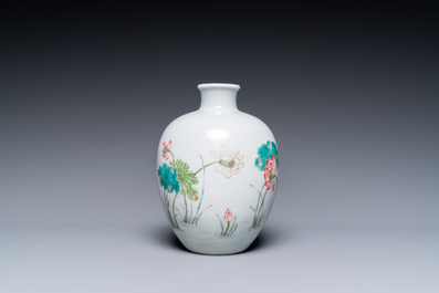 A Chinese famille rose globular 'cranes and lotus' vase, Daoguang mark, Republic