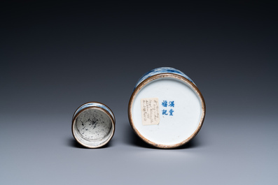 Een Chinese blauw-witte theebus met boeddhistische leeuwen, Jin Tang Fu Ji merk, Guangxu