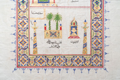 Empire ottoman: 'Vues sur la Mosqu&eacute;e al-Har&acirc;m et la Mosqu&eacute;e du Proph&egrave;te', encre et gouache rehauss&eacute;e d'or sur papier, 19/20&egrave;me