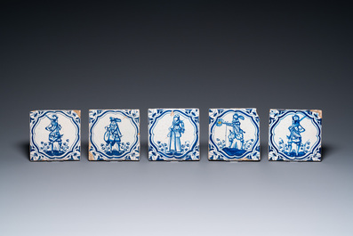 Fourteen Dutch Delft blue and white tiles with mostly Spanish soldiers after Jacob de Gheyn II, 17th C.