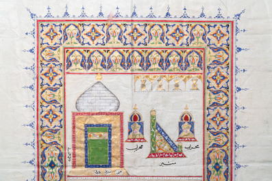 Empire ottoman: 'Vues sur la Mosqu&eacute;e al-Har&acirc;m et la Mosqu&eacute;e du Proph&egrave;te', encre et gouache rehauss&eacute;e d'or sur papier, 19/20&egrave;me