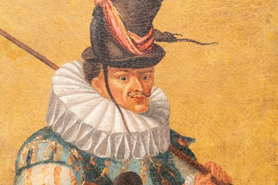 Franse school, navolger van Abraham Bosse (1602-1676): 'De rattenvanger', olie op doek in lijst uit de tijd, 17/18e eeuw