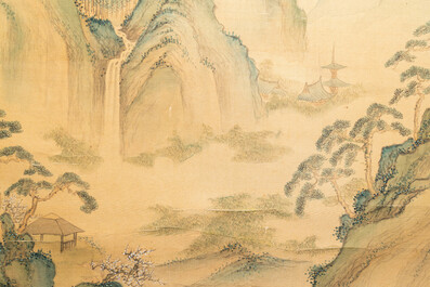 Xiao Ya: 'Paysage montagneux aux pins', encre et couleurs sur soie, 19/20&egrave;me