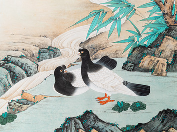 Sun Yunsheng (1918-2000): &lsquo;Pigeons de paix&rsquo;, encre et couleurs sur papier