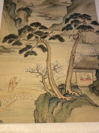 Xiao Ya: 'Paysage montagneux aux pins', encre et couleurs sur soie, 19/20&egrave;me