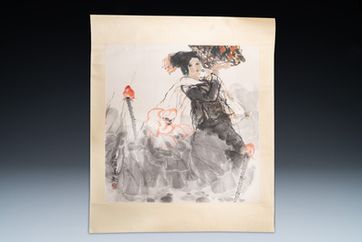 Zhou Sicong (1939-1996): &lsquo;Dame au fleur de lotus&rsquo;, encre et couleurs sur papier