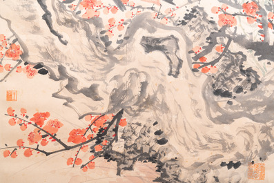 Wu Hufan (1894-1968): 'Des oiseaux parmi des branches fleuries', encre et couleurs sur papier, dat&eacute; juin 1937
