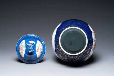 A Chinese blue-ground famille rose vase and cover, Kangxi mark, 19th C.