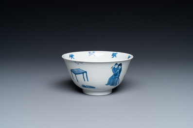 Un bol en porcelaine de Chine en bleu et blanc &agrave; d&eacute;cor de sc&egrave;nes du 'Xi Xiang Ji', Kangxi