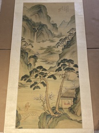 Xiao Ya: 'Paysage montagneux aux pins', encre et couleurs sur soie, 19/20&egrave;me