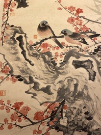 Wu Hufan (1894-1968): 'Des oiseaux parmi des branches fleuries', encre et couleurs sur papier, dat&eacute; juin 1937