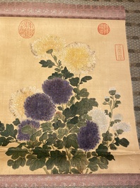 Ecole chinoise, d'apr&egrave;s et avec la signature de Jiang Tingxi (1669 - 1732): 'Composition florale', encre et couleurs sur soie