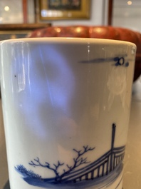 A Chinese blue and white 'bitong' brush pot with a scholar near a rock, Kangxi