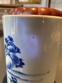 A Chinese blue and white 'bitong' brush pot with a scholar near a rock, Kangxi