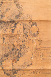 Luo Qing (1821-1899): quatre rouleaux figurant des personnages dans des paysages, encre et couleurs sur papier