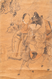 Luo Qing (1821-1899): quatre rouleaux figurant des personnages dans des paysages, encre et couleurs sur papier