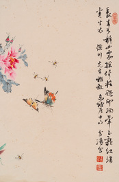 Wang Xuetao (1903-1982): 'Des coqs aupr&egrave;s d'un arbuste de pivoines', encre et couleurs sur papier