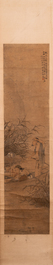 Luo Qing (1821-1899): vier scrolls met figuren in landschappen, inkt en kleur op papier