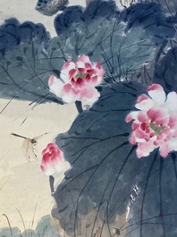 Tian Shiguang (1916-1999) et Yu Fei'an (1889-1959): 'Martin-p&ecirc;cheur sur fleurs de lotus', encre et couleurs sur papier, dat&eacute; 1946