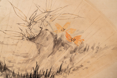 Wang Xuetao (1903-1982): &lsquo;Insectes sur plantes&rsquo;, encre et couleurs sur feuille d'&eacute;ventail, 18/19&egrave;me