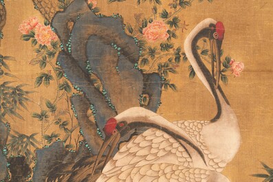 Ecole chinoise: 'Grues, pins et pivoines', encre et couleurs sur soie, QIanlong