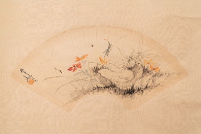 Wang Xuetao (1903-1982): &lsquo;Insectes sur plantes&rsquo;, encre et couleurs sur feuille d'&eacute;ventail, 18/19&egrave;me