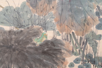 Tian Shiguang (1916-1999) et Yu Fei'an (1889-1959): 'Martin-p&ecirc;cheur sur fleurs de lotus', encre et couleurs sur papier, dat&eacute; 1946
