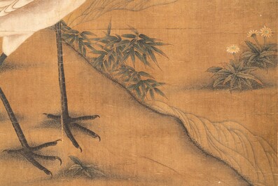 Ecole chinoise: 'Grues, pins et pivoines', encre et couleurs sur soie, QIanlong