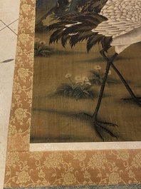 Ecole chinoise: 'Grues, pins et pivoines', encre et couleurs sur soie, QIanlong