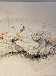 Wang Xuetao (1903-1982): &lsquo;Insectes sur plantes&rsquo;, encre et couleurs sur feuille d'&eacute;ventail, 18/19&egrave;me