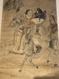 Luo Qing (1821-1899): quatre rouleaux figurant des personnages dans des paysages, encre et couleurs sur papier