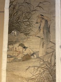 Luo Qing (1821-1899): quatre rouleaux figurant des personnages dans des paysages, encre et couleurs sur papier