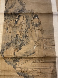 Luo Qing (1821-1899): vier scrolls met figuren in landschappen, inkt en kleur op papier