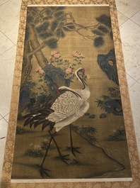 Ecole chinoise: 'Grues, pins et pivoines', encre et couleurs sur soie, QIanlong