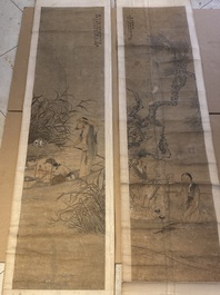 Luo Qing (1821-1899): vier scrolls met figuren in landschappen, inkt en kleur op papier