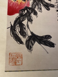 Chinese school, naar en met de signatuur van Qi Baishi (1864 - 1957): 'Perziken', inkt en kleur op papier