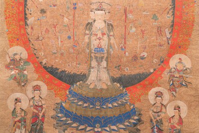 Ecole chinoise: 'Avalokitesvara &agrave; trente-trois t&ecirc;tes', encre et couleurs sur soie, Qing