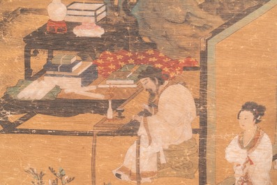 Chinese school: 'Een wijze en zijn vrouw in een tuin', inkt en kleur op zijde, Ming of later