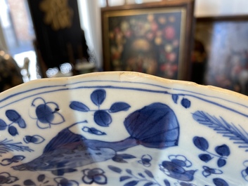 Een paar Chinese blauw-witte plooischotels met vissen, Kangxi