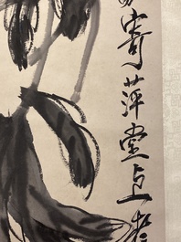 Ecole chinoise, d'apr&egrave;s et avec la signature de Qi Baishi (1864 - 1957): 'P&ecirc;ches', encre et couleurs sur papier