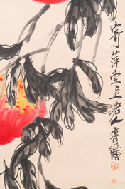 Ecole chinoise, d'apr&egrave;s et avec la signature de Qi Baishi (1864 - 1957): 'P&ecirc;ches', encre et couleurs sur papier