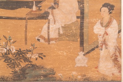 Ecole chinoise: 'Un lettr&eacute; et sa femme dans le jardin', encre et couleurs sur soie, Ming ou apr&egrave;s