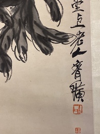 Ecole chinoise, d'apr&egrave;s et avec la signature de Qi Baishi (1864 - 1957): 'P&ecirc;ches', encre et couleurs sur papier