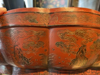 A large Chinese qiangjin and tianqi polychrome lacquer lobed 'dragon' box and cover, Kangxi/Qianlong