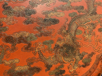 A large Chinese qiangjin and tianqi polychrome lacquer lobed 'dragon' box and cover, Kangxi/Qianlong